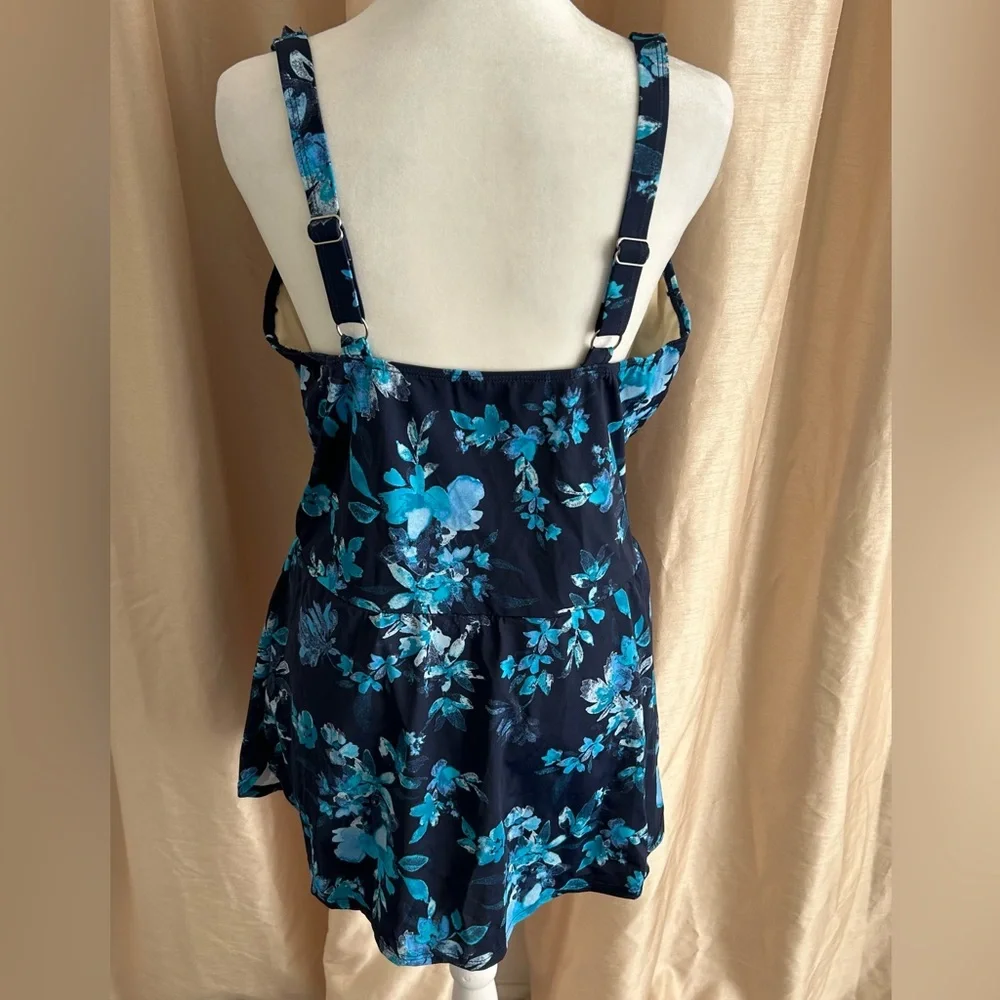 New Denim & Co. Beach Ruffle Trim V-Neck Swim Dress Navy Floral size 14